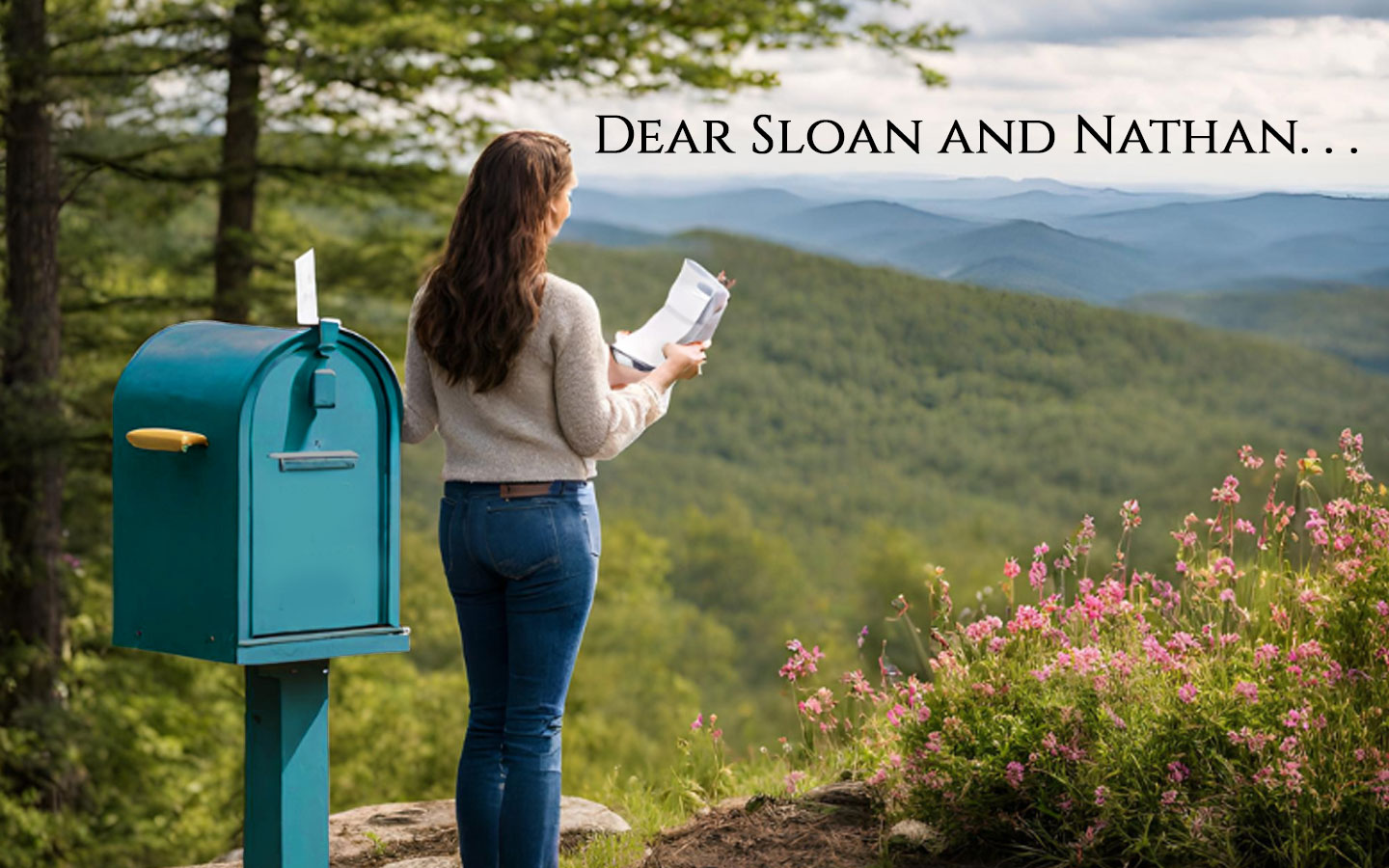 AI-generated image of a woman, Sloan Jordan McNamara, reading a letter.